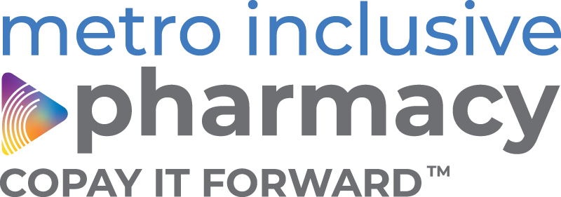 Logo of Metro Inclusive Pharmacy featuring a multicolored, gradient sound wave design next to the text 'metro inclusive pharmacy' in grey and blue letters, with the trademarked slogan 'COPAY IT FORWARD™' underneath in grey.