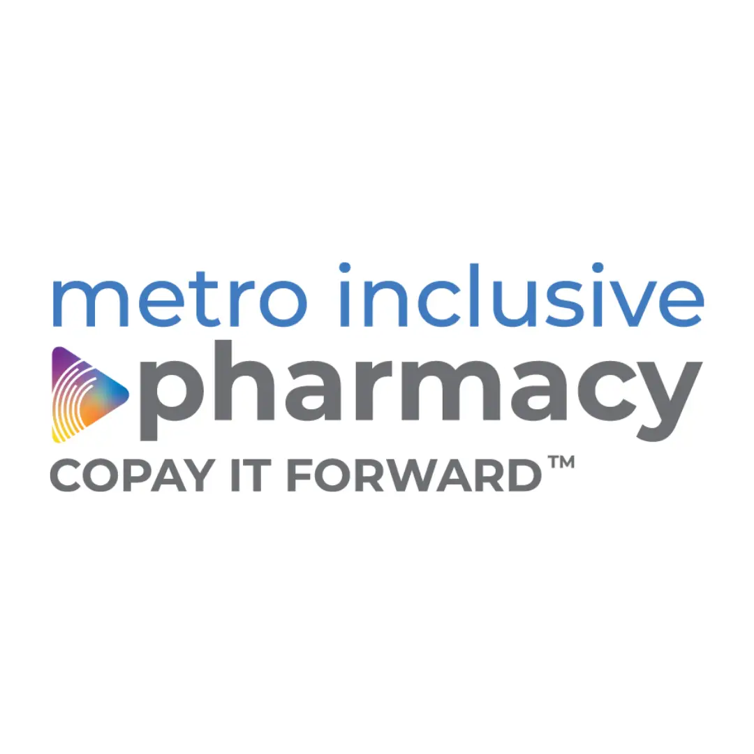 Logo of Metro Inclusive Pharmacy featuring a multicolored, gradient soundwave design next to the text 'metro inclusive pharmacy' in grey and blue letters, with the trademarked slogan 'COPAY IT FORWARD™' underneath in grey.